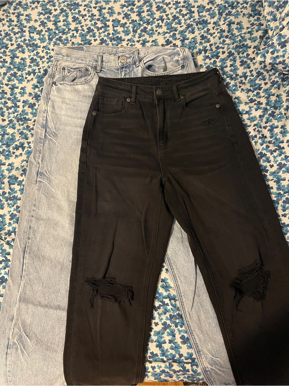 Two Pairs of American Eagle Women's Straight Jeans - Black and Light Wash Blue